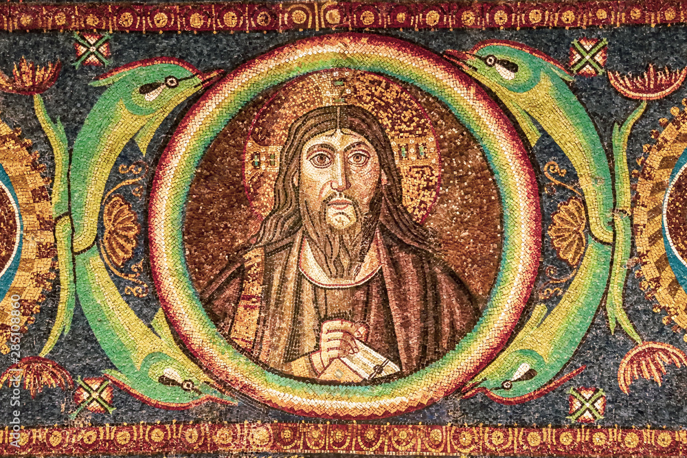 Ravenna, Italy - Inside View of the Mosaic Depicting Jesus in San Vitale Basilica (UNESCO World Heritage)