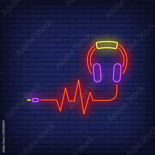 Headphones and sound wave made of cable neon sign