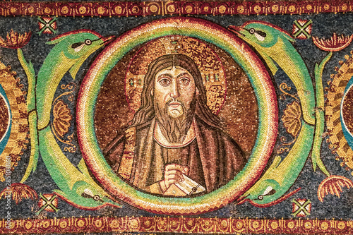 Ravenna, Italy - Inside View of the Mosaic Depicting Jesus in San Vitale Basilica (UNESCO World Heritage)