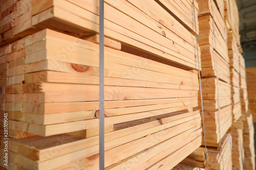 Folded wooden board on the sawmill.