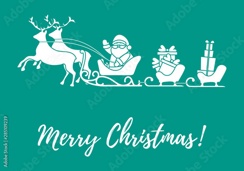 Santa Claus with Christmas presents in sleighs with reindeers. New Year and Christmas illustration.