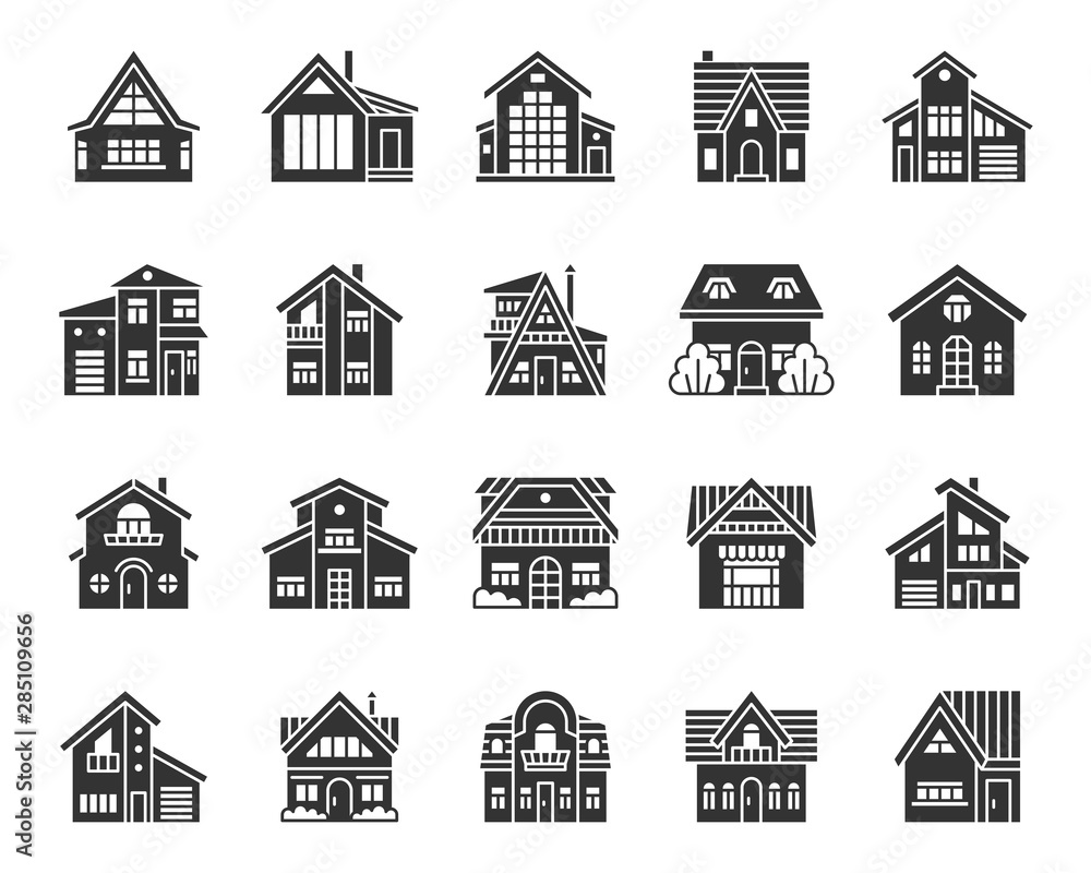 Cottage House black silhouette icons vector set