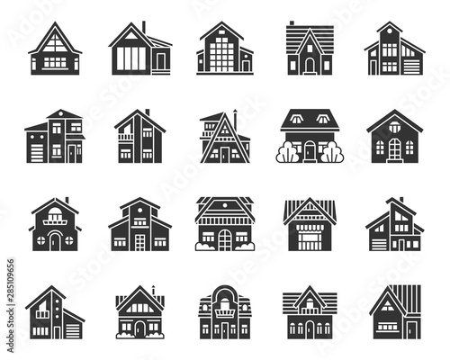 Cottage House black silhouette icons vector set
