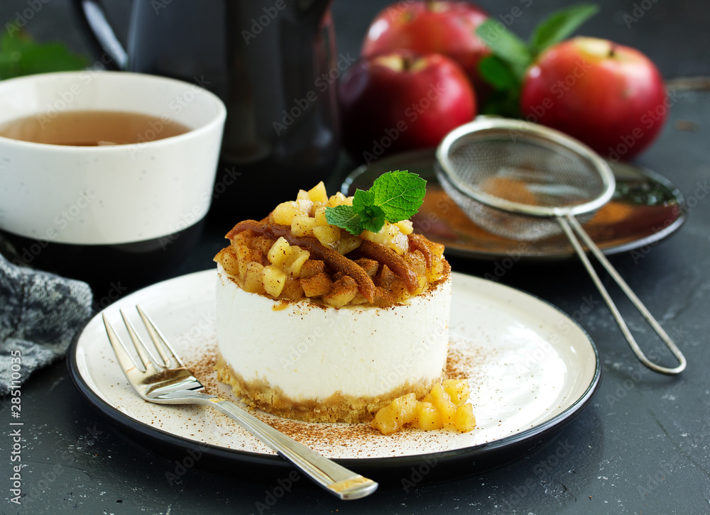 Cheesecake with apples and caramel. New Year's dessert. Selective focus Cheesecake with apples and caramel. New Year's dessert. Selective focus