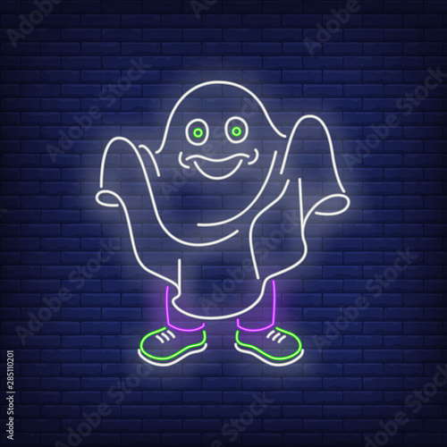 Person wearing white sheet and pretending to be ghost neon sign
