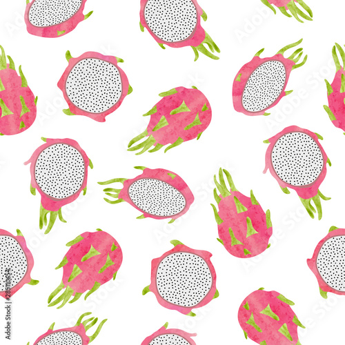 Seamless dragon fruit pattern. Vector watercolor tropical illustration.