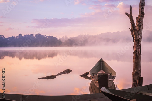 View of a wooden boats and big dry tree growing on Lake Nyabikere, with and the reflections on the water at sunrise, Rweteera, Fort Portal, Uganda, Africa photo