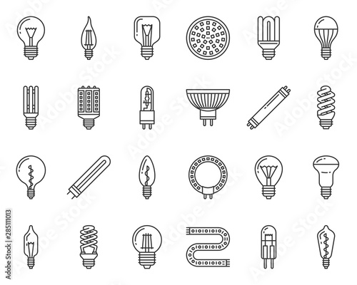 Light Bulb lamp simple black line icons vector set