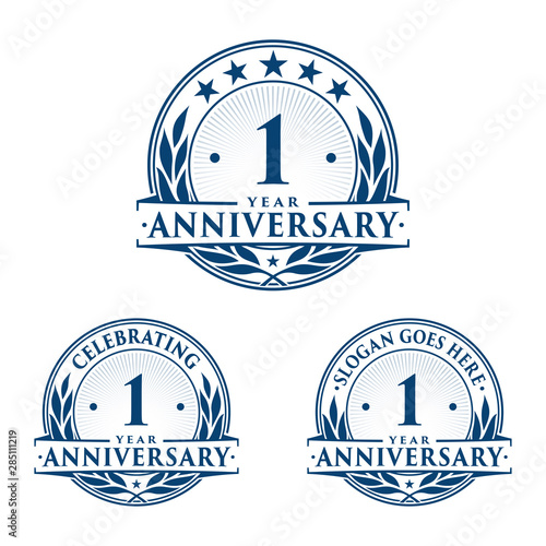 1 year anniversary logo set. 1st year anniversary celebration logotype. Vector and illustration.