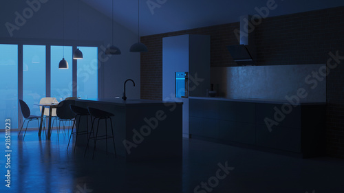 The interior of the kitchen in a private house. White - gray Scandinavian style kitchen. Night. Evening lighting. 3D rendering.
