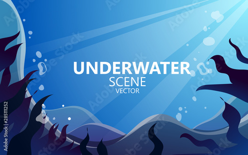 Underwater sea scene. Realistic seascape with reef. Ocean bottom silhouette of seaweed  grass  algae and corals. Beautiful marine vector illustration.