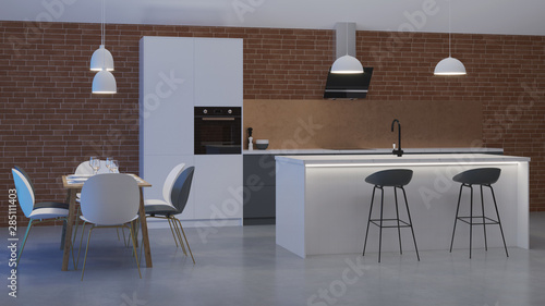 The interior of the kitchen in a private house. White - gray Scandinavian style kitchen. Night. Evening lighting. 3D rendering.