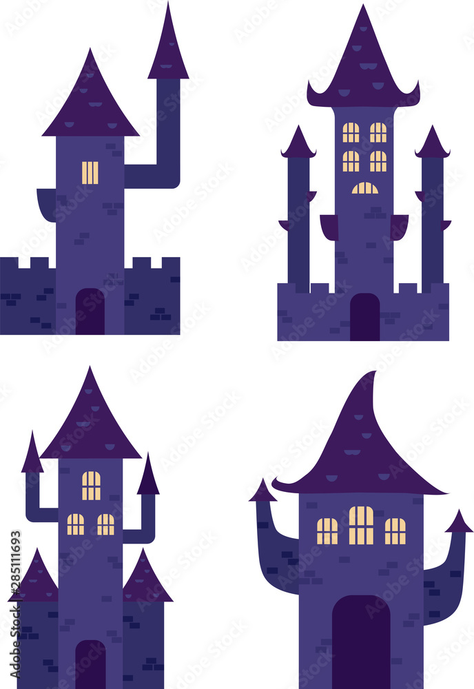 A set of vector Halloween vampire's or witches' castles. Purple illustrations isolated on a white background