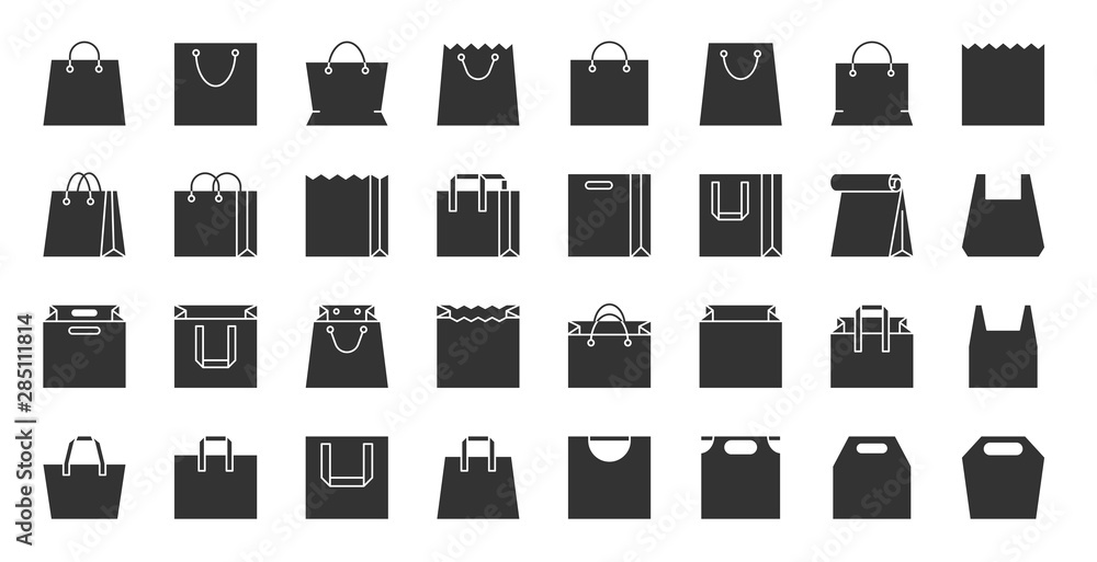 Shopping eco bag black silhouette icons vector set - obrazy, fototapety, plakaty 