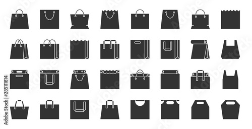 Shopping eco bag black silhouette icons vector set