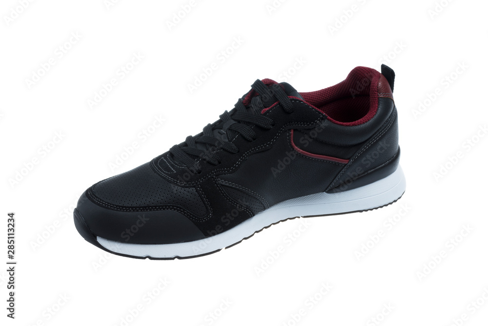 Single Sport mens Shoe in Black Leather and Dark Red, on white background Single Sport mens Shoe in Black Leather and Dark Red, on white background