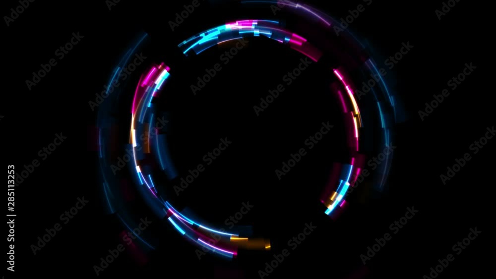 Abstract colorful glowing neon circle tech background. Laser glitch ...
