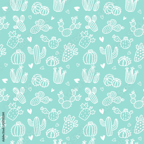 Seamless pattern with white line cactus and succulents on mint background. Vector print with cactuses succulents in minimalistic geometric scandinavian style. Cute vector tile template