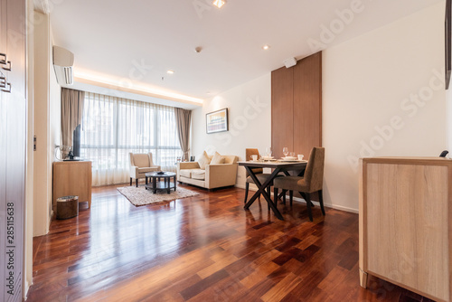 Beautiful and large living room interior with hardwood floors