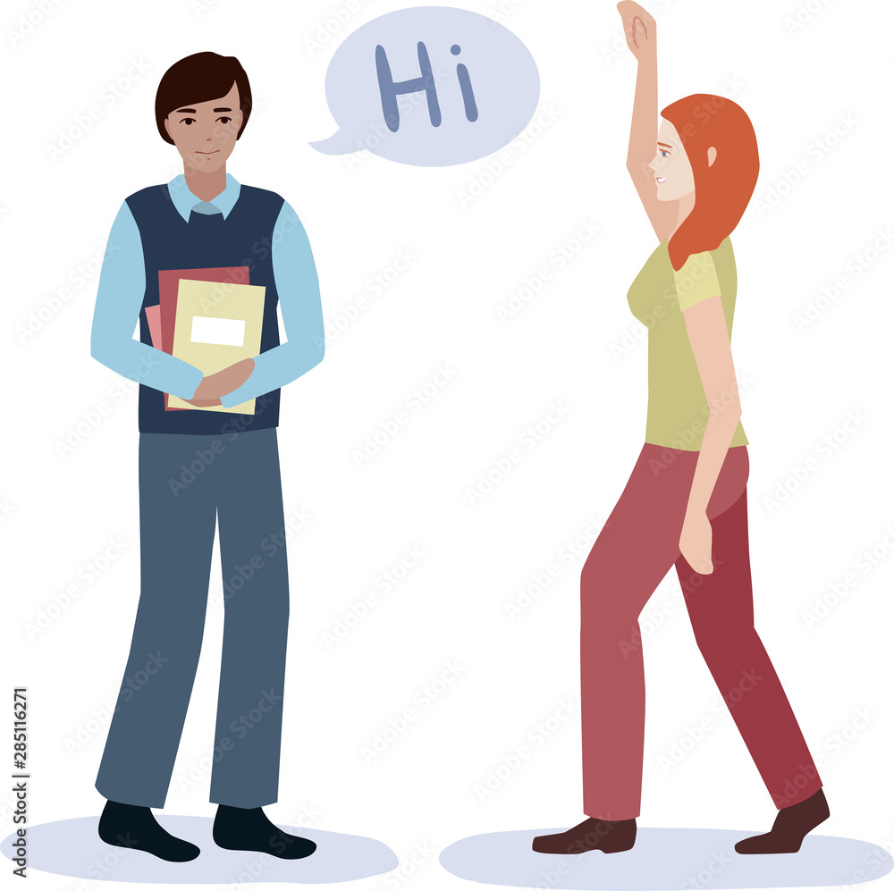 An isolated illustration of greeting students. Young people at school, college or university. Boy with books says hi An isolated illustration of greeting students. Young people at school, college or university. Boy with books says hi