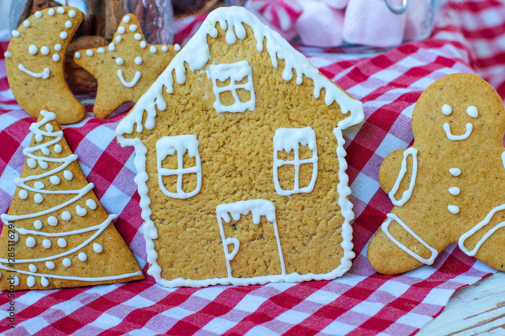 Obraz premium Traditional homemade gingerbread cookies on red rustic background with imitation snow,close up,Christmas concept,gingerbread house and gingerbread man