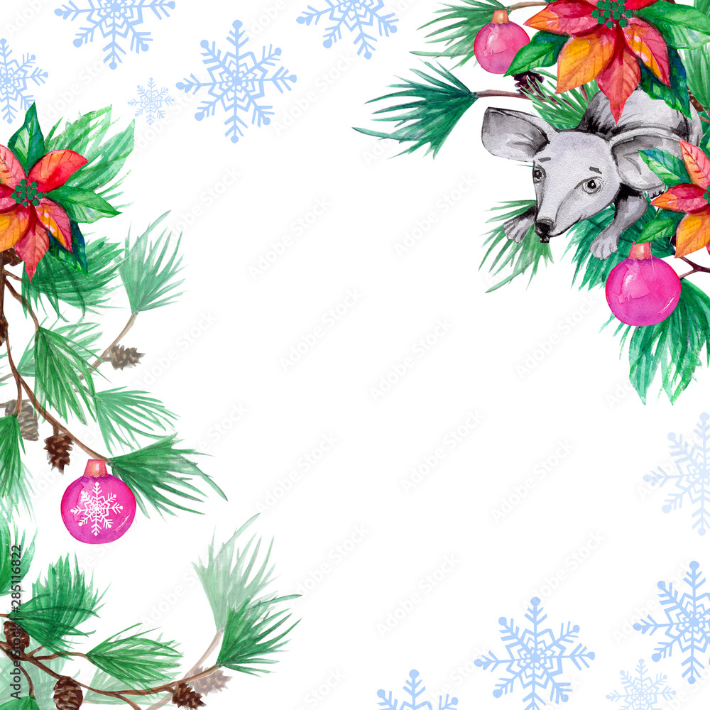 Fototapeta premium watercolor Christmas frame with Christmas decorations and bow
