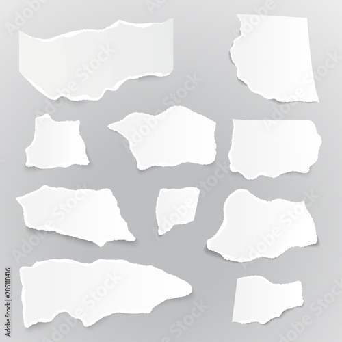 Collection different shapes torn paper pieces. Set of ripped paper sheets. Template for notes, banners, scraps, advertising.