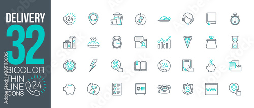 fast food delivery service outline flat icons set. Thin line design call center support 24/7 logo. icon pictogram set isolated on white. outline logo symbols for web design or mobile app communication