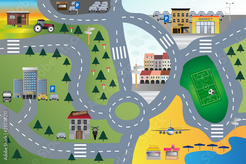 Vector cartoon illustration of children carpet or rug for play with cars. Childlike city landscape with roads and buildings for kids. Hotel, parking lot, school, beach, playground, shop, barn, forest.