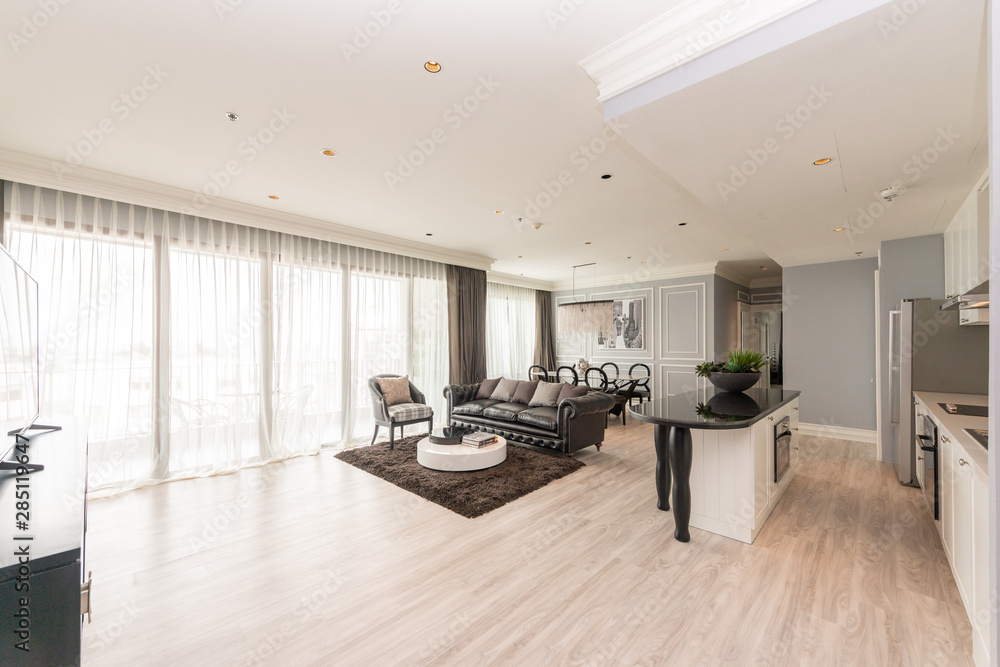 Fototapeta premium Modern living room and kitchen in small apartment 