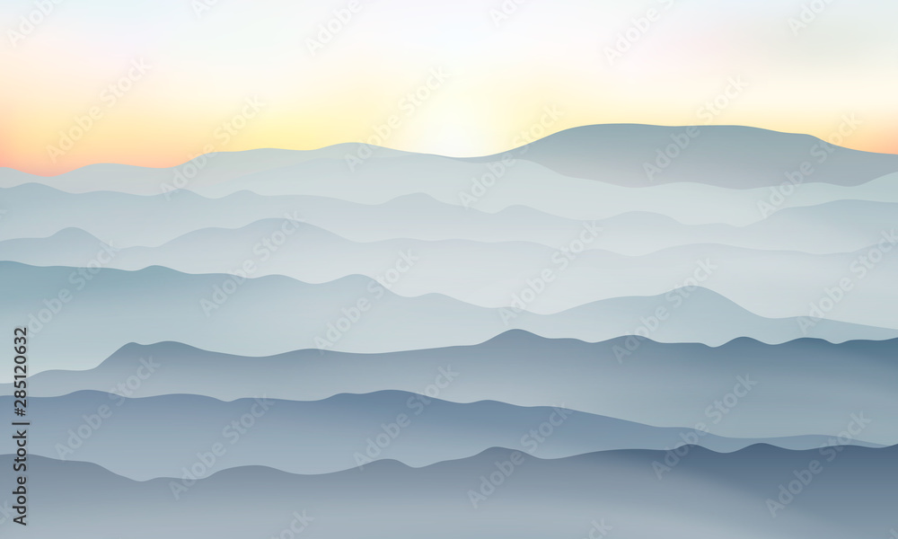 Mountain landscape and sunset. Big mountain range. Sunrise and morning fog in the mountains. Vector
