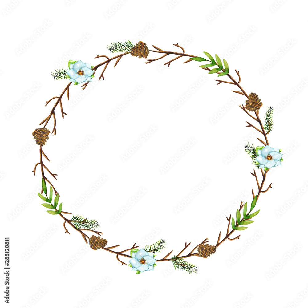 Watercolor Christmas round frame with fir branches, cones, blue flowers and place for text. Illustration for cards and invitations. Colorful winter background.