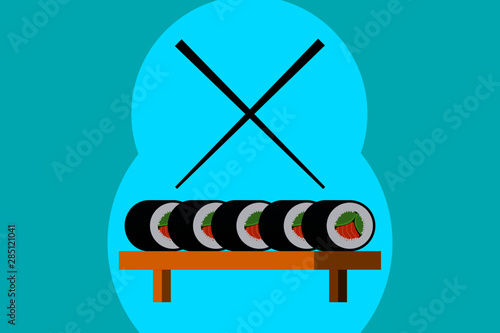 5 salmon sushi rolls on a table and a pair of chopsticks - flat design