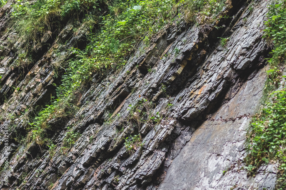 Multilayered dark rocky geological layers on the bank of a mountain river. Rock with visible geological layers_ Multilayered dark rocky geological layers on the bank of a mountain river. Rock with visible geological layers_