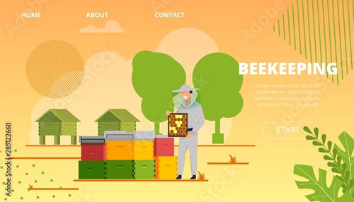 Flat Banner Inscription Beekeeping Illustration.