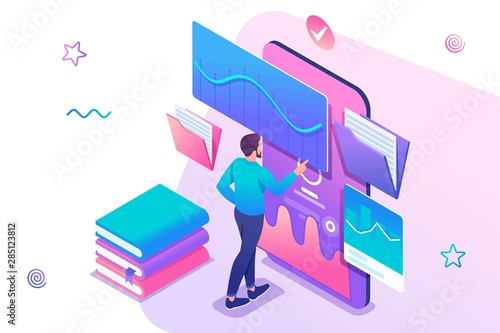 Isometric concept Man watching a lesson on the website, online training, e-learning. Mobile Application for training. Concept for web design