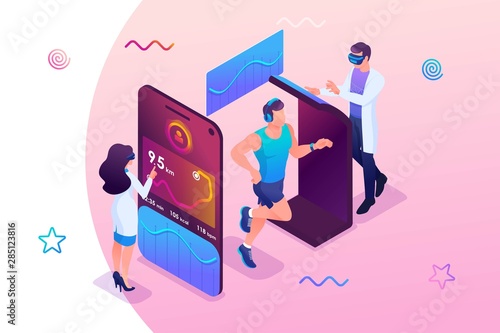 Isometric concept Scientists are testing a mobile app to track an athlete's workout. The athlete runs in training. Concept for web design