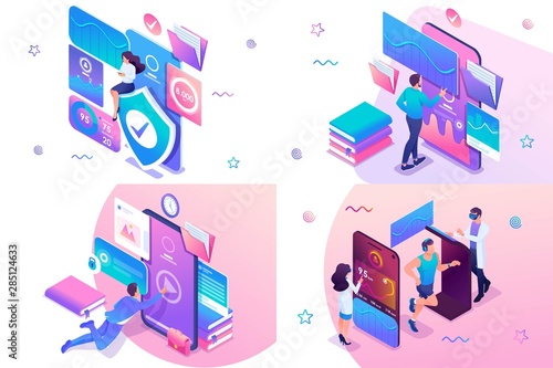 Set isometric workout concept online training, information protection, mobile application testing. For website and mobile website development