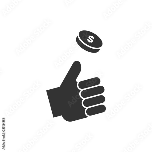 Hand throwing up coin icon on white background