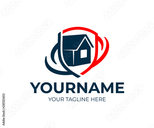 Home insurance, house in shield, logo design. Real estate, property, protection and sale, vector design and illustration