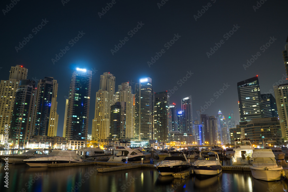 Long exposure of the Dubai Marina at night.