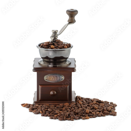 coffee grinder and beans isolated on white