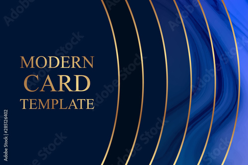Modern geometric luxury card templates for business or presentation with golden rounded lines on a navy background with bright blue liquid marble texture.