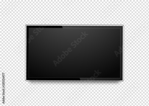 Realistic 4k ultra hd monitor. Blank black tv screen. Modern high definition TV. LCD vector display isolated on transparent background