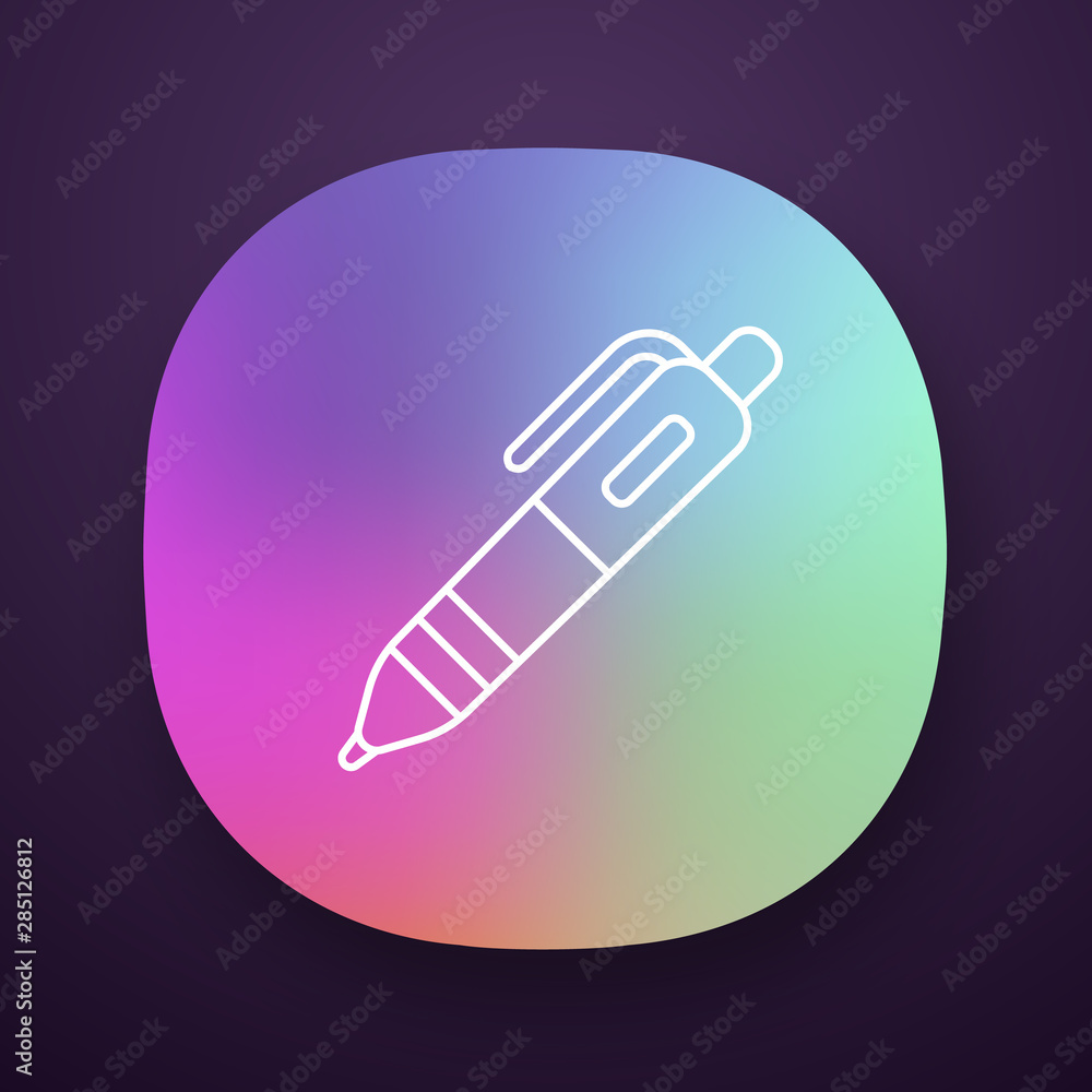 Automatic ballpoint pen app icon. UI/UX user interface. Web or mobile application. Writing tool vector isolated illustration. Stationery items shop, school supplies store logo. Education attribute Automatic ballpoint pen app icon. UI/UX user interface. Web or mobile application. Writing tool vector isolated illustration. Stationery items shop, school supplies store logo. Education attribute
