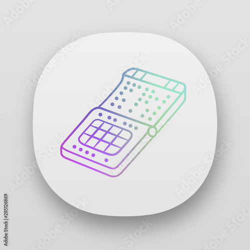 Braille print smartphone app icon. Phone with braille, tactile display, screen. Blind person gadget, tech, advancement. UI/UX user interface. Web or mobile applications. Vector isolated illustrations