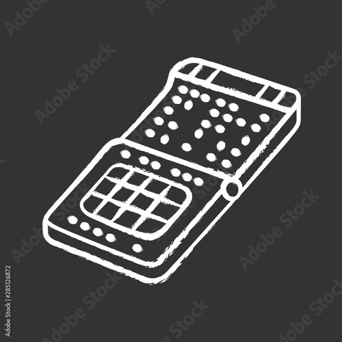 Braille print smartphone chalk icon. Phone with braille, tactile display, screen. Blind person gadget, technological advancement. Blind oriented mobile phone. Isolated vector chalkboard illustration