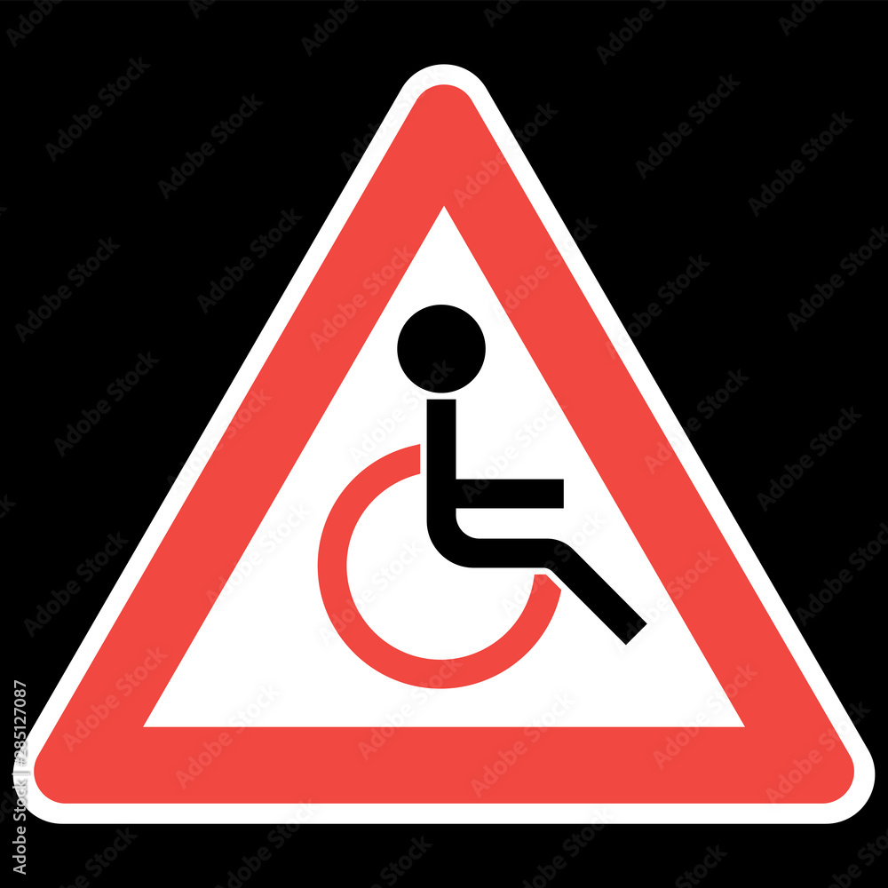 Wheelchair sign. Device for moving, flat, triangular, black and red sign. Wheelchair sign. Device for moving, flat, triangular, black and red sign.