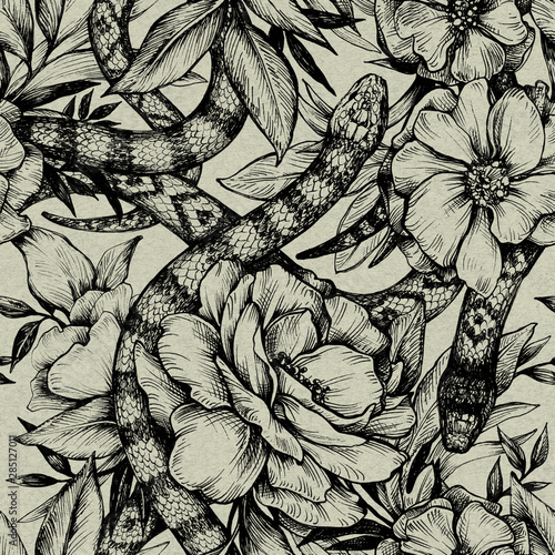 Seamless pattern with snakes and flowers. Graphic illustration. Hand drawing with ink and pen.