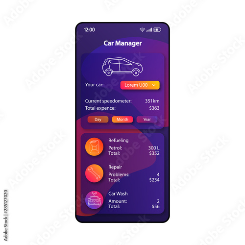 Car expenditure organizer smartphone interface vector template. Mobile app page color design layout. Fuel, repair cost screen. Flat UI for application. Vehicle maintenance manager phone display